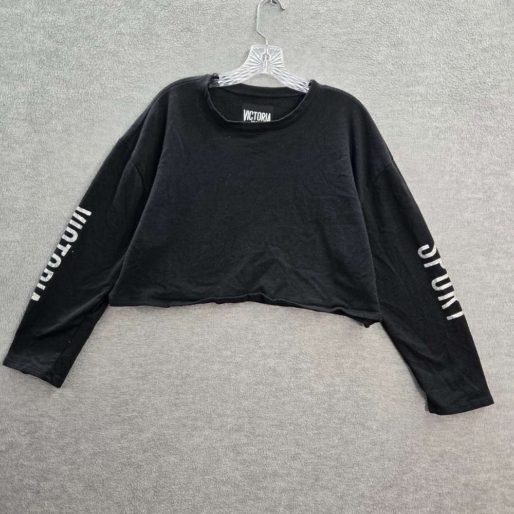 Victoria Secret Women Sweatshirt Small Black Crop Oversized Boxy Crew Neck